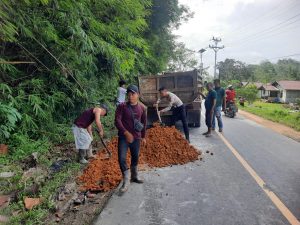 Pasca Kecelakaan di Dusun Entada, Satlantas Polres Sekadau dan Warga Gotong Royong Tambal Jalan Rusak